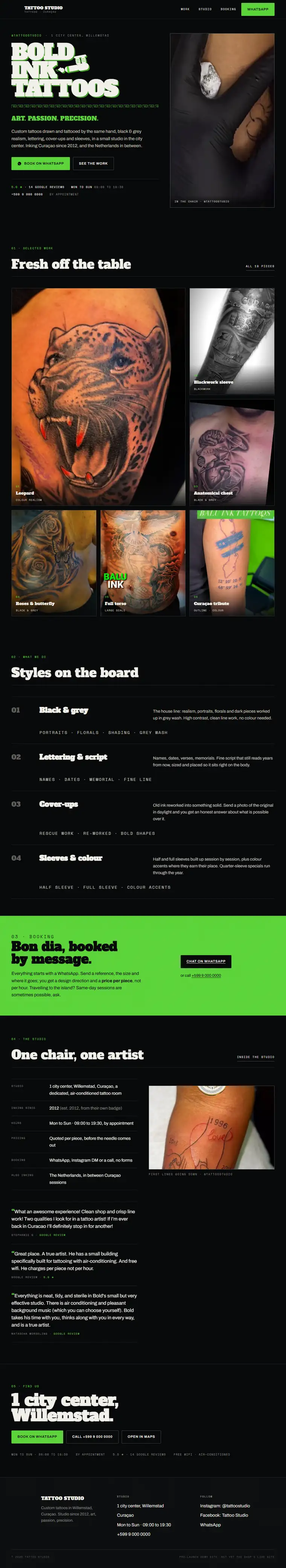 Tattoo studio concept site, black and lime design