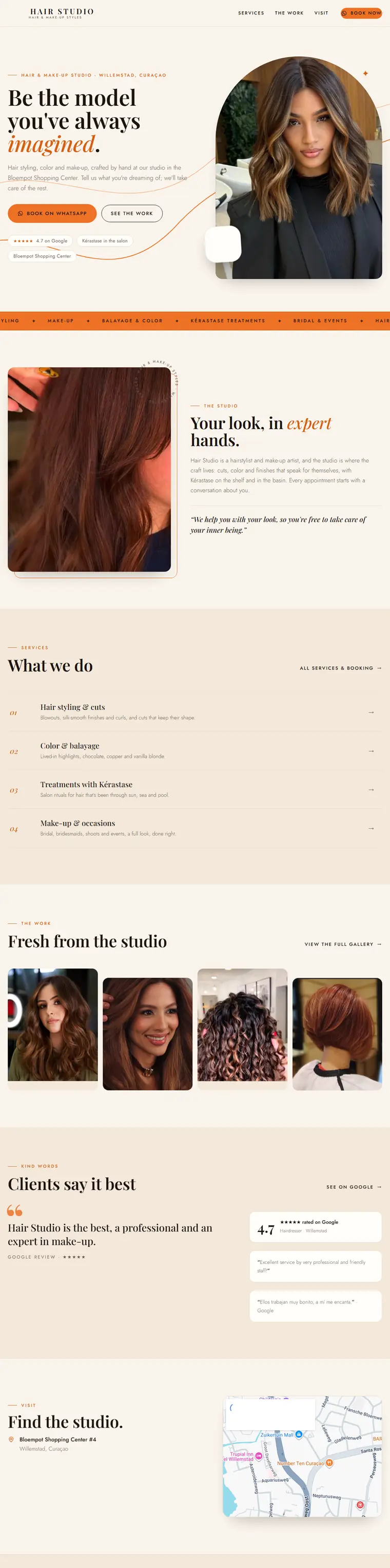 Hair and make-up studio concept site, warm orange design